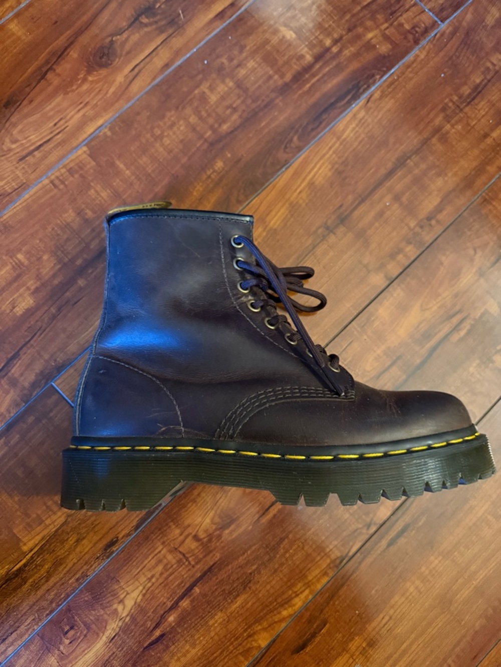 Brown Lace-Up Leather Dr. Martens 1460 Bex with Yellow Stitching